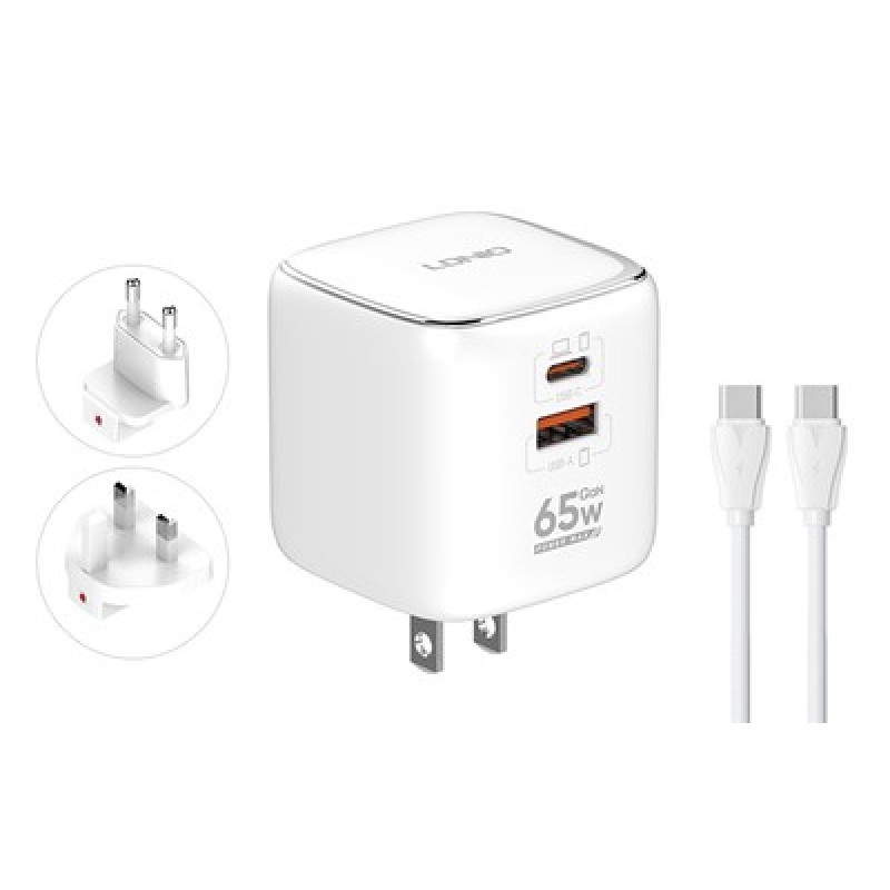 LDNIO LDNIO φορτιστής τοίχου Q2617 με καλώδιο USB-C, EU/UK/US βύσμα, USB/USB-C, 65W, GaN, λευκός