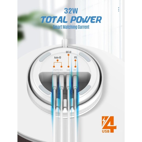 LDNIO LDNIO σταθμός φόρτισης AW003, USB-C/3x USB/wireless, 32W, PD/QC, λευκός