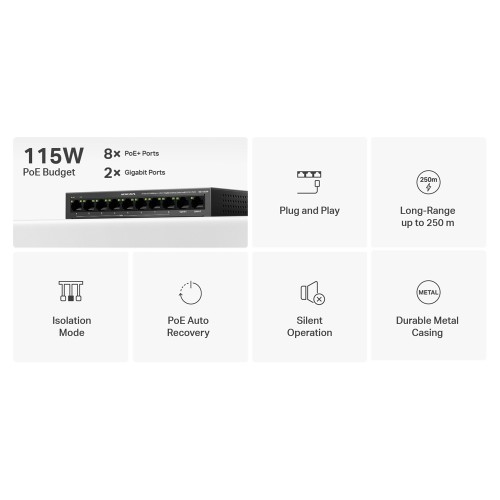 MERCUSYS MERCUSYS Desktop Switch MS110CMP, 8x 10/100Mbps PoE+, 2x Gigabit, Ver. 1.0