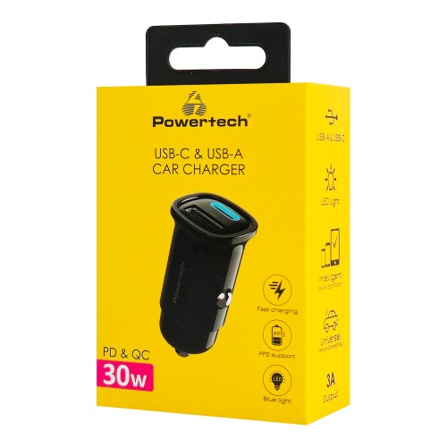 Powertech POWERTECH φορτιστής αυτοκινήτου PT-1538, USB & USB-C, 30W, μαύρος
