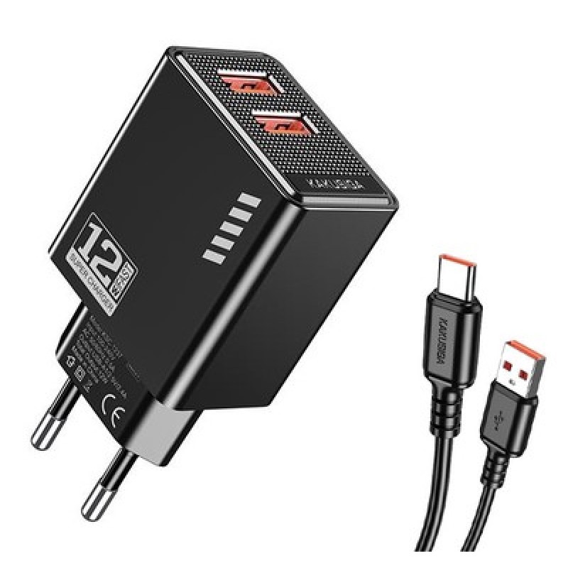KAKUSIGA KAKUSIGA φορτιστής τοίχου KSC-1238 με καλώδιο USB-C, 2x USB, 12W, μαύρος