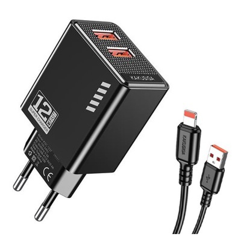 KAKUSIGA KAKUSIGA φορτιστής τοίχου KSC-1238 με καλώδιο Lightning, 2x USB, 12W, μαύρος