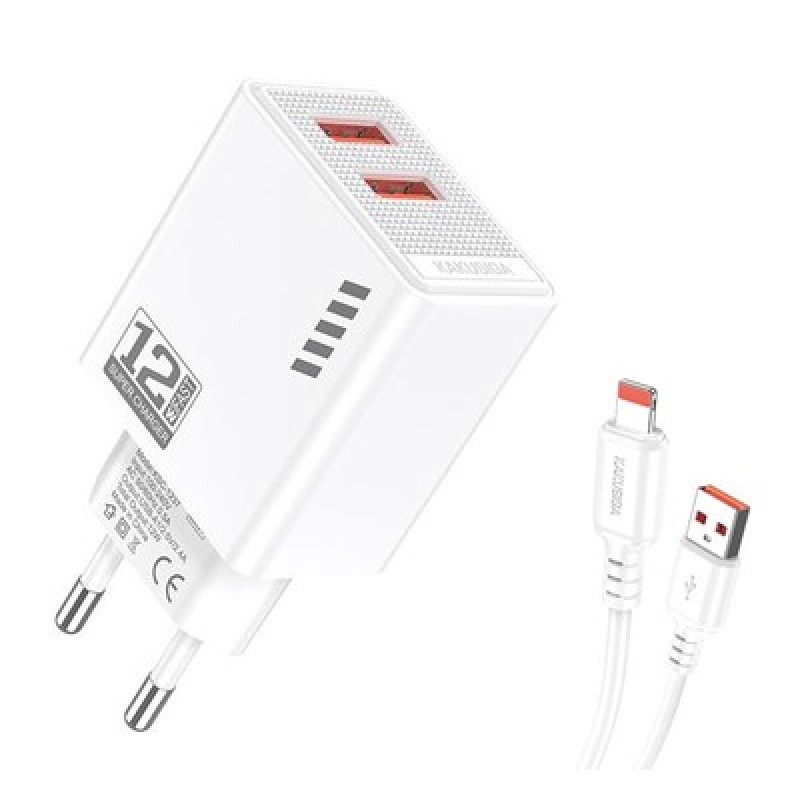 KAKUSIGA KAKUSIGA φορτιστής τοίχου KSC-1238 με καλώδιο Lightning, 2x USB, 12W, λευκός