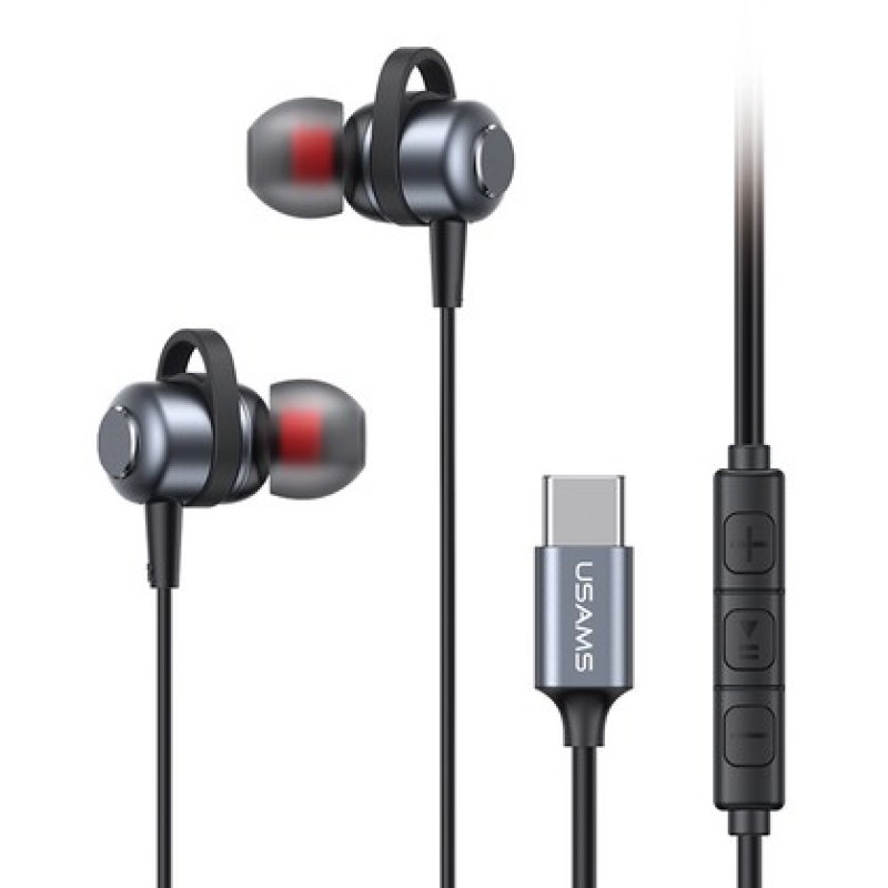 USAMS USAMS earphones με μικρόφωνο US-SJ758, USB-C σύνδεση, μεταλλικά, 1.2m, γκρι
