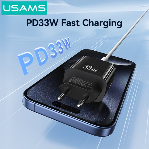 USAMS USAMS φορτιστής τοίχου CC317, USB & USB-C, 33W, GaN, μαύρος