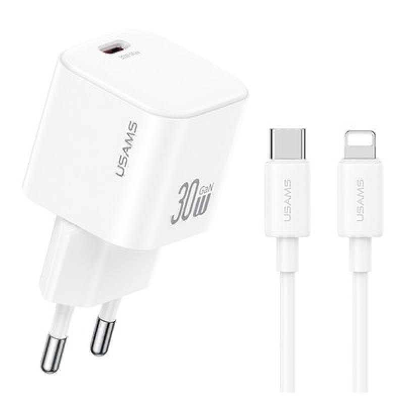 USAMS USAMS φορτιστής τοίχου CC262 με καλώδιο Lightning, 30W, GaN, λευκός
