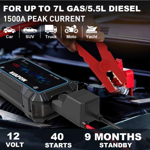 AVAPOW AVAPOW εκκινητής μπαταρίας αυτοκινήτου A9 με φακό, 12V/2500A, 8000mAh
