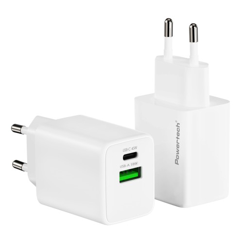 Powertech POWERTECH φορτιστής τοίχου PT-1551, USB/USB-C, 45W, GaN, AVS, λευκός