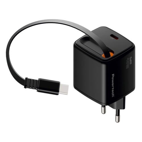 Powertech POWERTECH φορτιστής τοίχου PT-1572 με πτυσσόμενο καλώδιο, USB-C, 45W, GaN, μαύρος