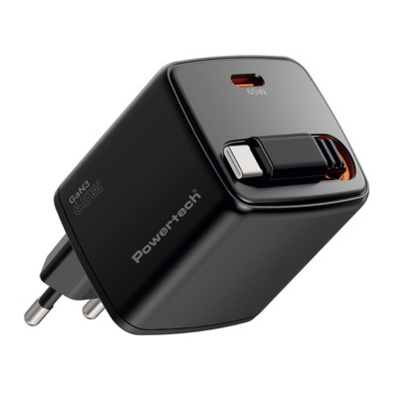 Powertech POWERTECH φορτιστής τοίχου PT-1573 με πτυσσόμενο καλώδιο, USB-C, 65W, GaN, μαύρος