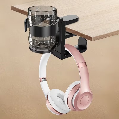 Powertech POWERTECH βάση ακουστικών & ποτηροθήκη γραφείου PT-1579, περιστρεφόμενη, μαύρη