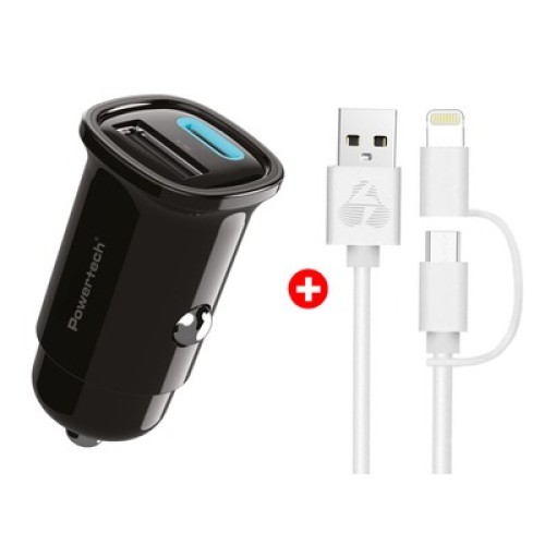Powertech POWERTECH φορτιστής αυτοκινήτου με καλώδιο MFi USB σε micro USB/Lightning BNDL-0206, USB & USB-C, 30W, μαύρο/λευκό