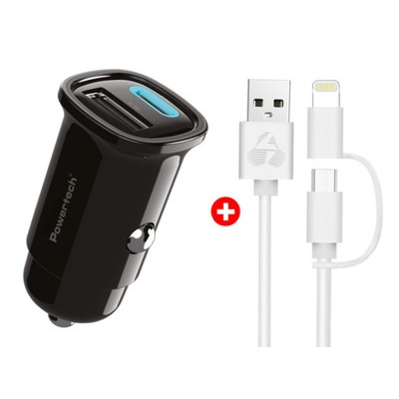 Powertech POWERTECH φορτιστής αυτοκινήτου με καλώδιο MFi USB σε micro USB/Lightning BNDL-0206, USB & USB-C, 30W, μαύρο/λευκό