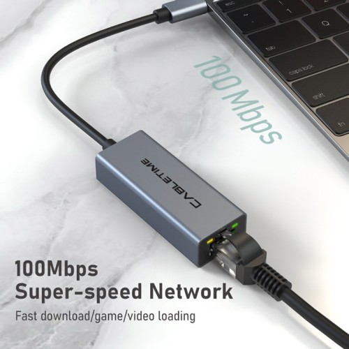 CABLETIME CABLETIME αντάπτορας δικτύου CT-CML100, USB-C, 100Mbps Ethernet, γκρι