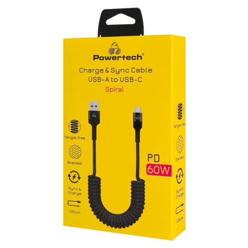 Powertech POWERTECH καλώδιο USB-C σε USB PTR-0197 με spiral καλώδιο, PD 60W, 480Mbps, 1m, μαύρο