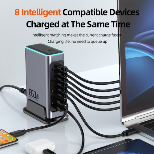 Powertech POWERTECH σταθμός φόρτισης PT-1621, 2x USB & 6x USB-C, GaN, 140W, γκρι