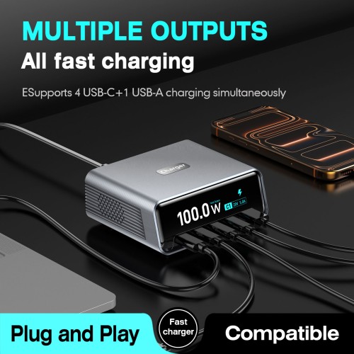 Powertech POWERTECH σταθμός φόρτισης PT-1622 με οθόνη, USB & 4x USB-C, GaN, 100W, ασημί