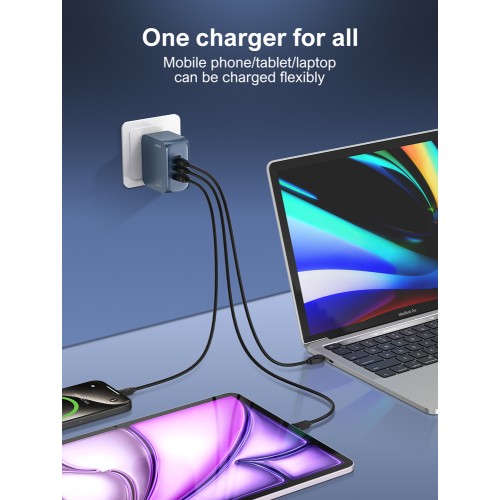 LDNIO LDNIO φορτιστής τοίχου Q7 με καλώδιο USB-C, USB/Lightning/2x USB-C, GaN, 65W, μπλε