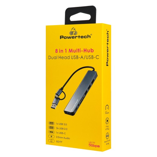 Powertech POWERTECH USB hub PTR-0205 με card reader, 8 θυρών, USB & USB-C σύνδεση, γκρι