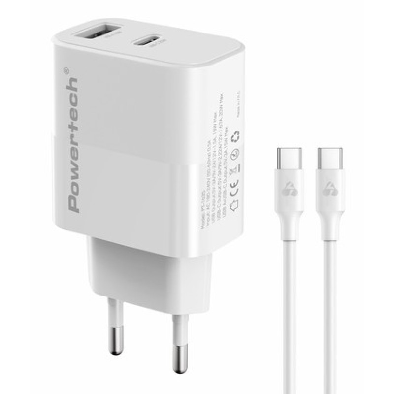 Powertech POWERTECH φορτιστής τοίχου PT-1635 με καλώδιο, USB/USB-C, 20W, λευκός