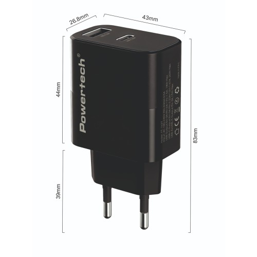 Powertech POWERTECH φορτιστής τοίχου PT-1637 με καλώδιο, USB/USB-C, 20W, μαύρος
