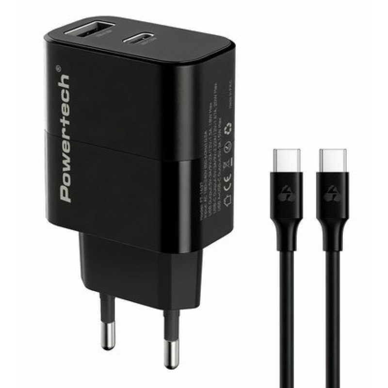 Powertech POWERTECH φορτιστής τοίχου PT-1637 με καλώδιο, USB/USB-C, 20W, μαύρος