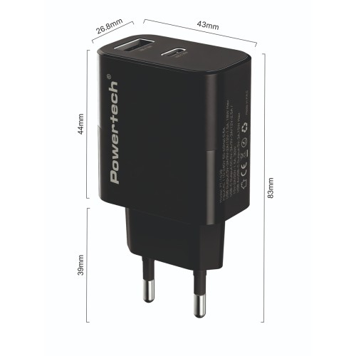 Powertech POWERTECH φορτιστής τοίχου PT-1638 με καλώδιο, USB/USB-C, 30W, GaN, μαύρος