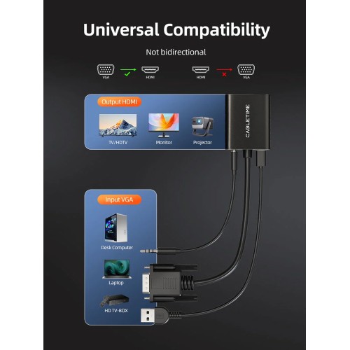 CABLETIME CABLETIME αντάπτορας VGA σε HDMI CT-AV582-VGAH με 3.5mm & micro USB, 1080p/60Hz, μαύρος