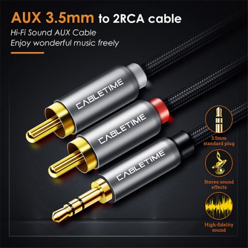 CABLETIME CABLETIME καλώδιο ήχου 3.5mm σε 2x RCA CT-AV314-P12G, 5m, μαύρο