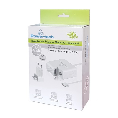 Powertech POWERTECH τροφοδοτικό laptop PT-289 για Apple, 60W, 16.5V/3.65A, λευκό