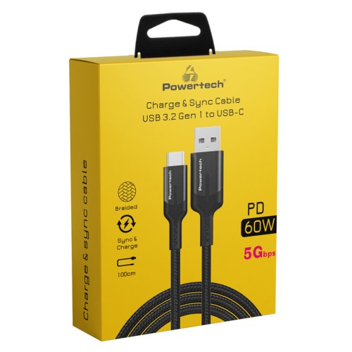 Powertech POWERTECH καλώδιο USB σε USB-C PTR-0134 PD 60W, 5Gbps, copper, 1m, μαύρο