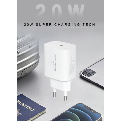 Powertech POWERTECH φορτιστής τοίχου PT-1091, USB-C, PD 20W, λευκός