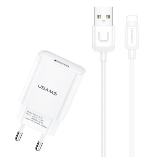 USAMS USAMS φορτιστής τοίχου T21OCLN01 με καλώδιο Lightning, USB 2.1A, λευκός