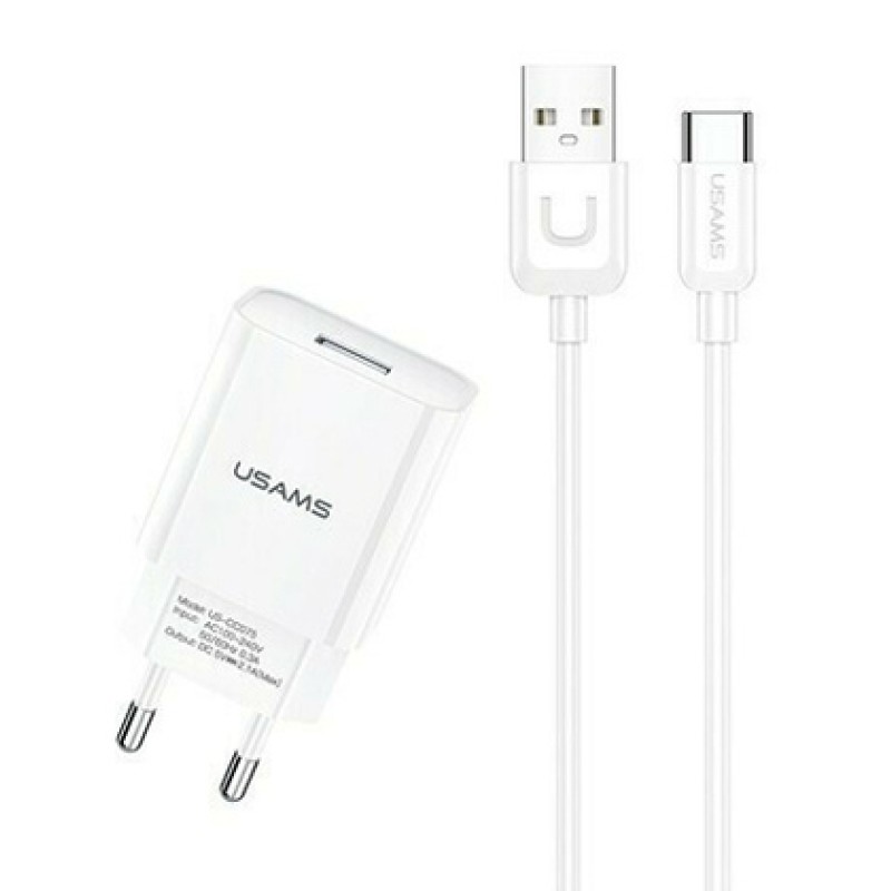 USAMS USAMS φορτιστής τοίχου T21OCTC01 με καλώδιο USB-C, USB 2.1A, λευκός