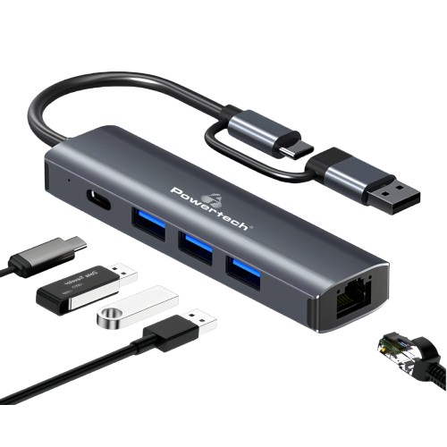Powertech POWERTECH USB hub PTR-0150 με θύρα δικτύου, 4 θυρών, USB & USB-C, γκρι