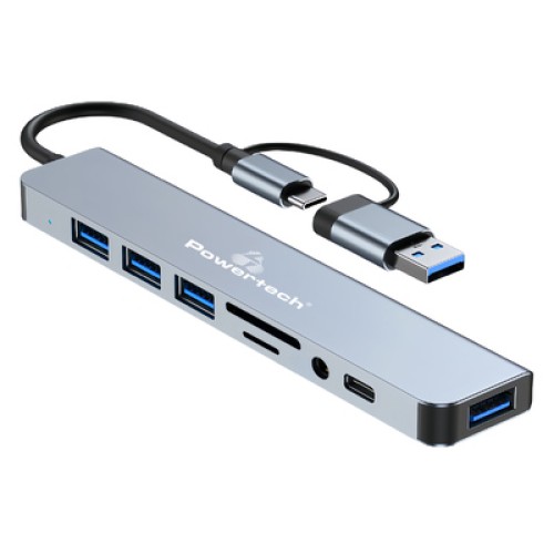 Powertech POWERTECH USB hub PTR-0151 με card reader, 8 θυρών, USB & USB-C, γκρι