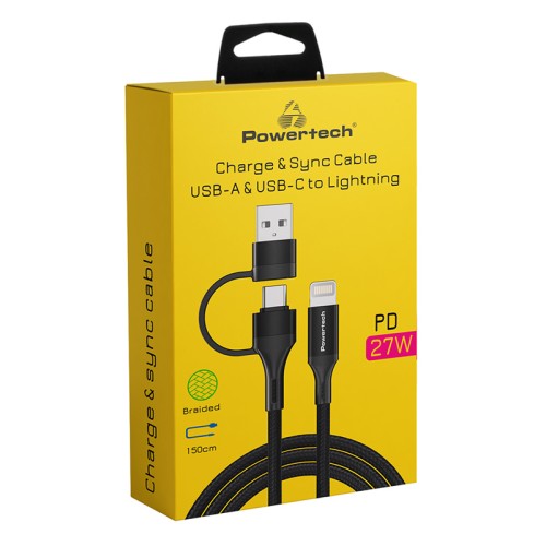 Powertech POWERTECH καλώδιο USB & USB-C σε Lightning PTR-0159, PD 27W, copper, 1.5m, μαύρο