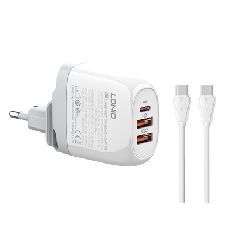LDNIO LDNIO φορτιστής τοίχου A3511Q με καλώδιο, USB-C/2x USB, 65W, GaN, λευκός