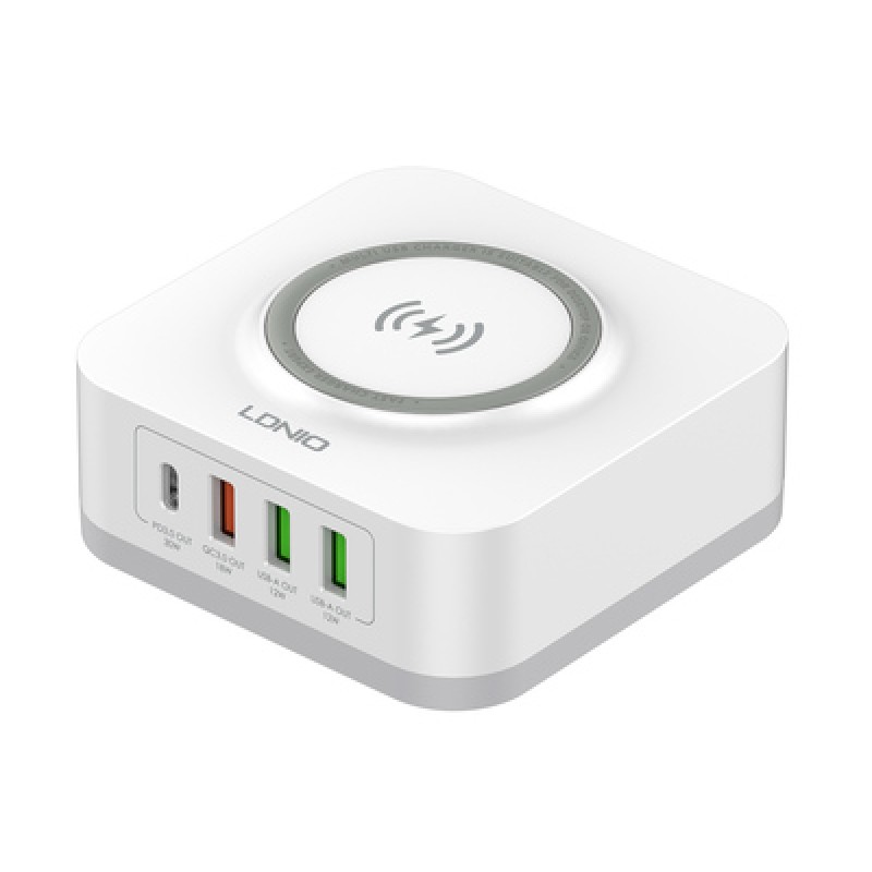LDNIO LDNIO σταθμός φόρτισης AW004, USB-C/3x USB/wireless, 32W, PD/QC, λευκός
