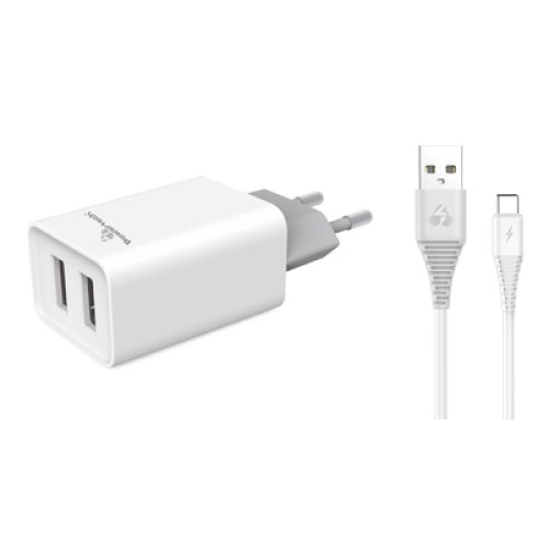 Powertech POWERTECH φορτιστής τοίχου PT-776 με καλώδιο USB-C, 2x USB, 2.1A, λευκό