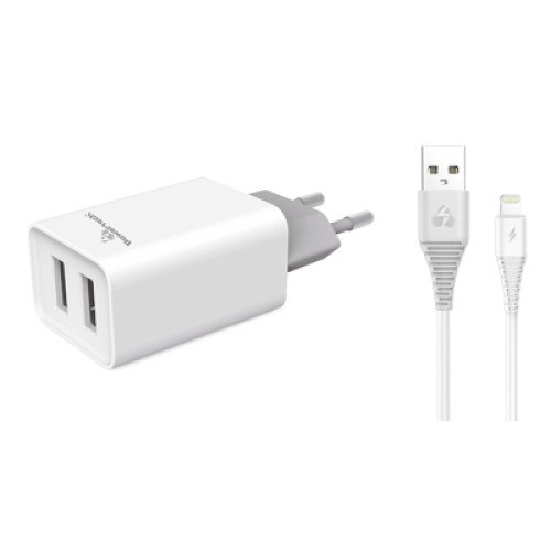 Powertech POWERTECH φορτιστής τοίχου PT-777, καλώδιο Lightning, 2x USB 2.1A, λευκό