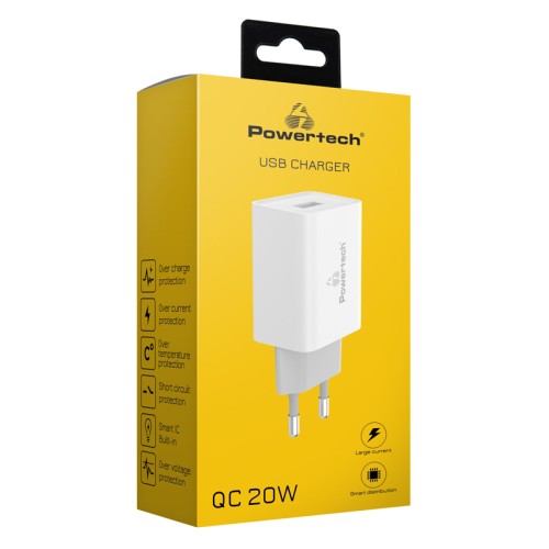 Powertech POWERTECH φορτιστής τοίχου PT-780, USB QC 3.0, 20W, 4A, λευκός
