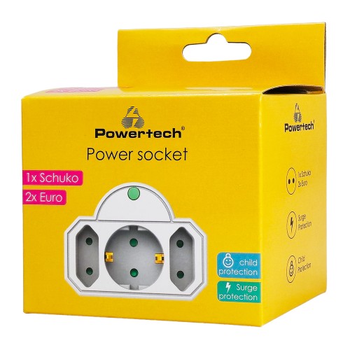Powertech POWERTECH αντάπτορας ρεύματος PT-816 με προστασία υπέρτασης, 1x schuko, 2x euro, 16A, λευκός