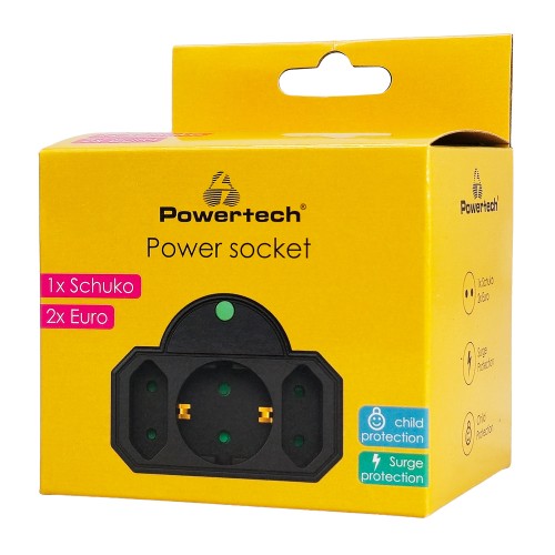 Powertech POWERTECH αντάπτορας ρεύματος PT-817 με προστασία υπέρτασης, 1x schuko, 2x euro, 16A, μαύρος