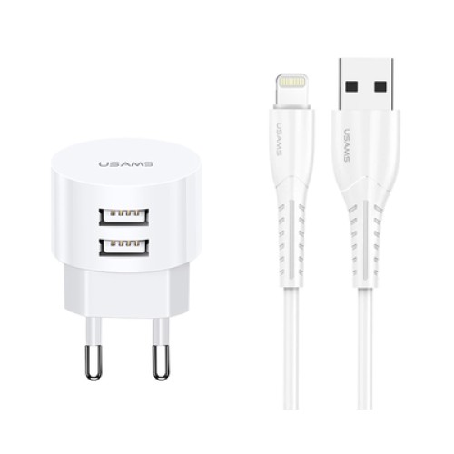 USAMS USAMS φορτιστής τοίχου T20 & καλώδιο Lightning, 2x USB, 2.1A, λευκός
