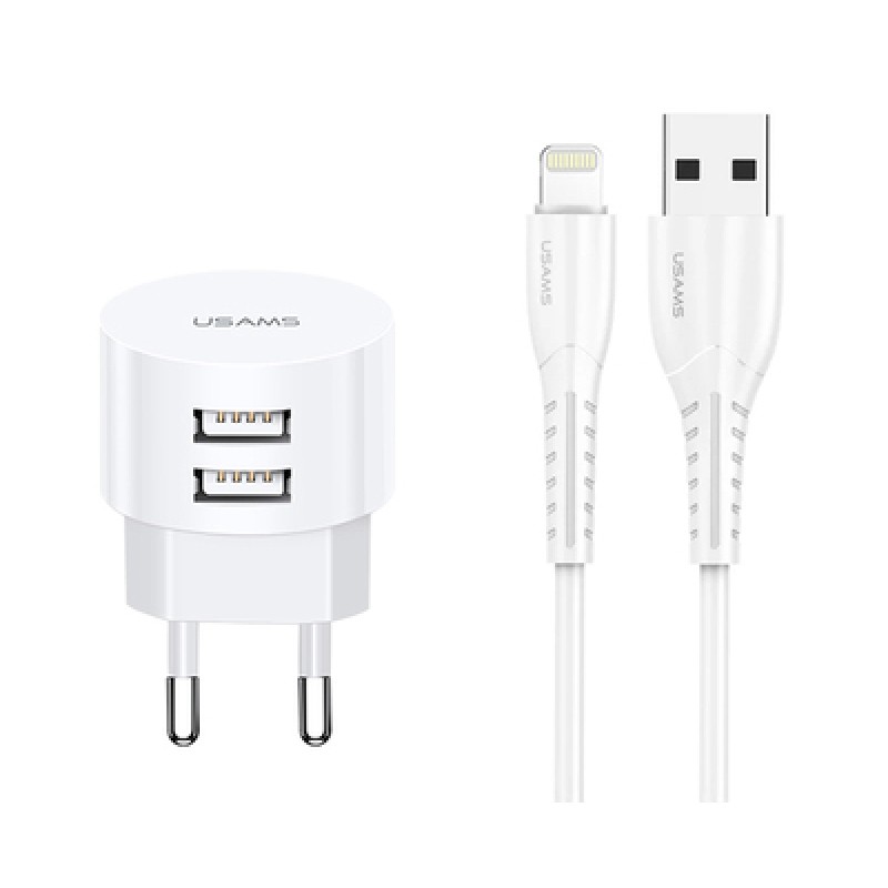USAMS USAMS φορτιστής τοίχου T20 & καλώδιο Lightning, 2x USB, 2.1A, λευκός