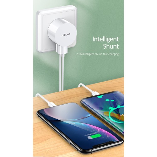 USAMS USAMS φορτιστής τοίχου T20 & καλώδιο Micro USB, 2x USB, 2.1A, λευκός