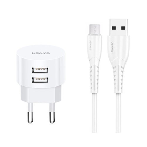USAMS USAMS φορτιστής τοίχου T20 & καλώδιο Micro USB, 2x USB, 2.1A, λευκός