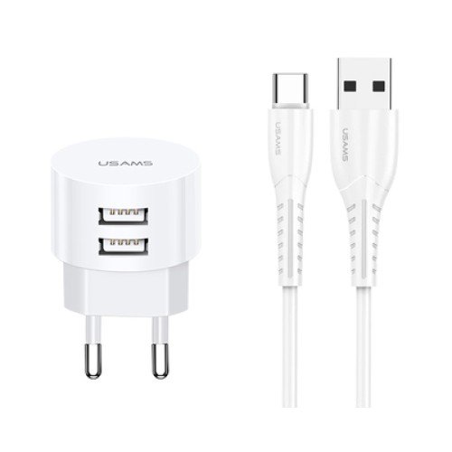 USAMS USAMS φορτιστής τοίχου T20 & καλώδιο type-C, 2x USB, 2.1A, λευκός