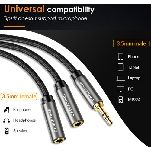 CABLETIME CABLETIME καλώδιο ήχου 3.5mm σε 2x 3.5mm CT-P12G, 3-pole, 20cm, μαύρο